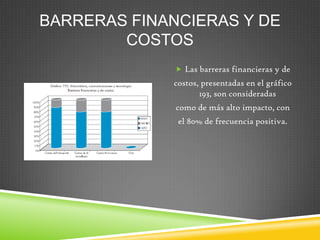 BARRERAS FINANCIERAS Y DE
        COSTOS
               Las barreras financieras y de
             costos, presentadas en el gráfico
                    193, son consideradas
              como de más alto impacto, con
              el 80% de frecuencia positiva.
 