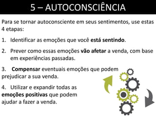 Para se tornar autoconsciente em seus sentimentos, use estas
4 etapas:
1. Identificar as emoções que você está sentindo.
2. Prever como essas emoções vão afetar a venda, com base
em experiências passadas.
3. Compensar eventuais emoções que podem
prejudicar a sua venda.
4. Utilizar e expandir todas as
emoções positivas que podem
ajudar a fazer a venda.
5 – AUTOCONSCIÊNCIA
 