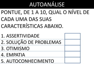 PONTUE, DE 1 A 10, QUAL O NÍVEL DE
CADA UMA DAS SUAS
CARACTERÍSTICAS ABAIXO.
1. ASSERTIVIDADE
2. SOLUÇÃO DE PROBLEMAS
3. OTIMISMO
4. EMPATIA
5. AUTOCONHECIMENTO
AUTOANÁLISE
 
