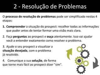 2 - Resolução de Problemas
O processo de resolução de problemas pode ser simplificado nestas 4
etapas:
1. Compreender a situação do prospect: recolher todas as informações
que puder antes de tentar formar uma visão mais clara.
2. Faça perguntas ao prospect e ouça atentamente. Isso vai ajudar
você a entender exatamente como resolver o problema.
3. Ajude o seu prospect a visualizar a
situação desejada, com o problema
já resolvido.
4. Comunique a sua solução, de forma
que torne mais fácil ao prospect dizer "sim".
 