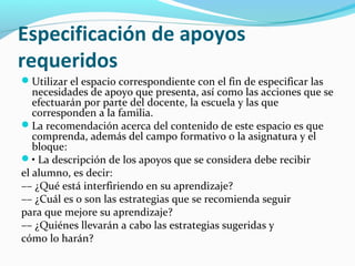 Especificación de apoyos
requeridos
Utilizar el espacio correspondiente con el fin de especificar las
necesidades de apoyo que presenta, así como las acciones que se
efectuarán por parte del docente, la escuela y las que
corresponden a la familia.
La recomendación acerca del contenido de este espacio es que
comprenda, además del campo formativo o la asignatura y el
bloque:
• La descripción de los apoyos que se considera debe recibir
el alumno, es decir:
–– ¿Qué está interfiriendo en su aprendizaje?
–– ¿Cuál es o son las estrategias que se recomienda seguir
para que mejore su aprendizaje?
–– ¿Quiénes llevarán a cabo las estrategias sugeridas y
cómo lo harán?
 
