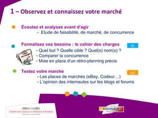 1  – Observez et connaissez votre marché  Écoutez et analysez avant d'agir  -  Etude de faisabilité, de marché, de concurrence Formalisez vos besoins : le cahier des charges Quel but ? Quelle cible ? Quel(s) nom(s) ? Comparer la concurrence Mise en place d’un rétro-planning précis lic Testez votre marché  - Les places de marchés (eBay, Codeur…) - L’opinion des internautes sur les blogs et forums clic 