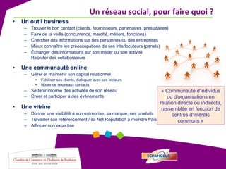 Un outil business Trouver le bon contact (clients, fournisseurs, partenaires, prestataires) Faire de la veille (concurrence, marché, métiers, fonctions)  Chercher des informations sur des personnes ou des entreprises Mieux connaître les préoccupations de ses interlocuteurs (panels) Échanger des informations sur son métier ou son activité Recruter des collaborateurs Une communauté online Gérer et maintenir son capital relationnel Fidéliser ses clients, dialoguer avec ses lecteurs Nouer de nouveaux contacts Se tenir informé des activités de son réseau Créer et participer à des événements Une vitrine Donner une visibilité à son entreprise, sa marque, ses produits Travailler son référencement / sa Net Réputation à moindre frais Affirmer son expertise Un réseau social, pour faire quoi ? « Communauté d'individus ou d'organisations en relation directe ou indirecte, rassemblée en fonction de centres d'intérêts communs » 