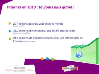 207 millions de sites Web dans le monde  (Netcraft, mai 2010) 35,3 millions d’internautes, soit 66,2% des français  (Médiamétrie, février 2010) 24,4 millions de cyberacheteurs, 69% des internautes, en France  (Fevad, février 2010) Internet en 2010 :  toujours plus grand ! 