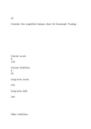 #5
Consider this simplified balance sheet for Geomorph Trading:
Current assets
$
170
Current liabilities
$
95
Long-term assets
570
Long-term debt
245
Other liabilities
 