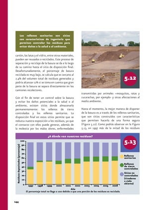 Los rellenos sanitarios son sitios
      con características de ingeniería que
      permiten controlar los residuos para
      evitar daños a la salud o al ambiente.

cartón, las latas y el vidrio, entre otros materiales,
pueden ser reusados o reciclados. Este proceso de
separación y reciclaje de la basura se da a lo largo
de su camino hasta el sitio de disposición final.
Desafortunadamente, el porcentaje de basura
reciclada es muy bajo, se calcula que es cercano al
2.4% del volumen total de residuos generados y
podría alcanzar 12% si se toma en cuenta que gran
parte de la basura se separa directamente en los
camiones recolectores.
                                                         transmitidas por animales –mosquitos, ratas y
Con el fin de tener un control sobre la basura           cucarachas, por ejemplo- y otras afectaciones al
y evitar los daños potenciales a la salud o al           medio ambiente.
ambiente, existen sitios donde almacenarla
permanentemente: los rellenos de tierra                  Hasta el momento, la mejor manera de disponer
controlados y los rellenos sanitarios. La                de la basura es a través de los rellenos sanitarios,
disposición final en estos sitios permite que se         que son sitios construidos con características
reduzca nuestra exposición a los residuos, ya que        que permiten hacerlo de una forma segura
el contacto con ellos puede generar, además de           (Figura 5.12). Como podrás observar en la Figura
la molestia por los malos olores, enfermedades           5.13, en 1997 más de la mitad de los residuos

                              ¿A dónde van nuestros residuos?




144
 