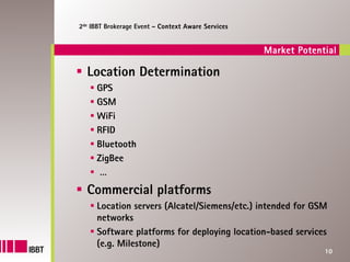 2de IBBT Brokerage Event – Context Aware Services


                                                    Market Potential

  Location Determination
     GPS
     GSM
     WiFi
     RFID
     Bluetooth
     ZigBee
      …
  Commercial platforms
     Location servers (Alcatel/Siemens/etc.) intended for GSM
     networks
     Software platforms for deploying location-based services
     (e.g. Milestone)
                                                                 10
 