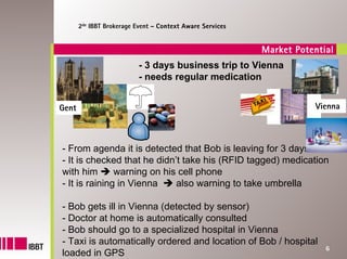2de IBBT Brokerage Event – Context Aware Services


                                                           Market Potential
                           - 3 days business trip to Vienna
                           - needs regular medication


Gent                                                                  Vienna



- From agenda it is detected that Bob is leaving for 3 days
- It is checked that he didn’t take his (RFID tagged) medication
with him       warning on his cell phone
- It is raining in Vienna    also warning to take umbrella

- Bob gets ill in Vienna (detected by sensor)
- Doctor at home is automatically consulted
- Bob should go to a specialized hospital in Vienna
- Taxi is automatically ordered and location of Bob / hospital
                                                                         6
loaded in GPS
 