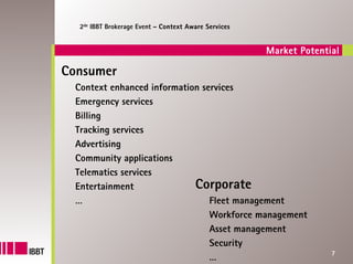 2de IBBT Brokerage Event – Context Aware Services


                                                      Market Potential

Consumer
  Context enhanced information services
  Emergency services
  Billing
  Tracking services
  Advertising
  Community applications
  Telematics services
  Entertainment              Corporate
  …                              Fleet management
                                 Workforce management
                                 Asset management
                                 Security
                                                                    7
                                 …
 