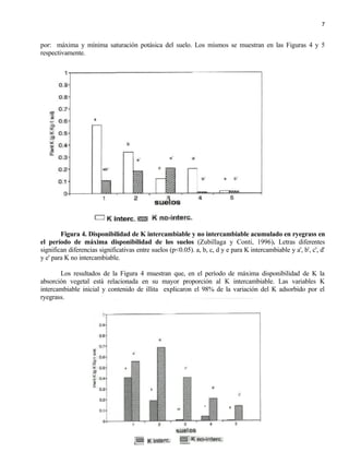 7


por: máxima y mínima saturación potásica del suelo. Los mismos se muestran en las Figuras 4 y 5
respectivamente.




        Figura 4. Disponibilidad de K intercambiable y no intercambiable acumulado en ryegrass en
el período de máxima disponibilidad de los suelos (Zubillaga y Conti, 1996). Letras diferentes
significan diferencias significativas entre suelos (p<0.05). a, b, c, d y e para K intercambiable y a', b', c', d'
y e' para K no intercambiable.

       Los resultados de la Figura 4 muestran que, en el período de máxima disponibilidad de K la
absorción vegetal está relacionada en su mayor proporción al K intercambiable. Las variables K
intercambiable inicial y contenido de illita explicaron el 98% de la variación del K adsorbido por el
ryegrass.
 