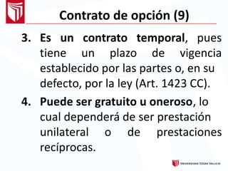 Contrato de opción (9)
3. Es un
tiene
contrato temporal, pues
vigenciaun plazo de
establecido por las partes o, en su
defecto, por la ley (Art. 1423 CC).
4. Puede ser gratuito u oneroso, lo
cual dependerá de ser prestación
unilateral
recíprocas.
o de prestaciones
 