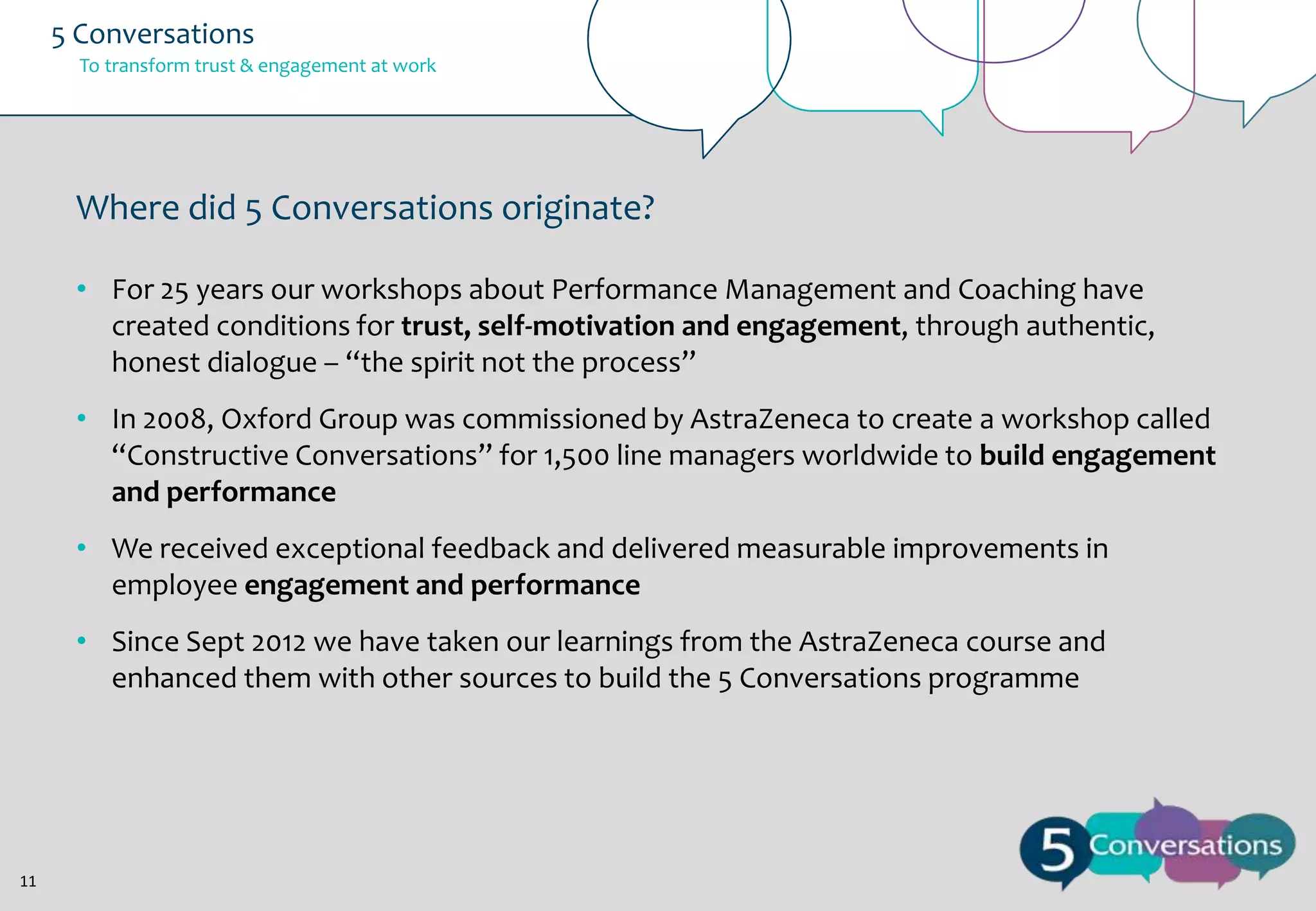5 Conversations
To transform trust & engagement at work

Where did 5 Conversations originate?
• For 25 years our workshops about Performance Management and Coaching have
created conditions for trust, self-motivation and engagement, through authentic,
honest dialogue – “the spirit not the process”
• In 2008, Oxford Group was commissioned by AstraZeneca to create a workshop called
“Constructive Conversations” for 1,500 line managers worldwide to build engagement
and performance
• We received exceptional feedback and delivered measurable improvements in
employee engagement and performance
• Since Sept 2012 we have taken our learnings from the AstraZeneca course and
enhanced them with other sources to build the 5 Conversations programme

11

 