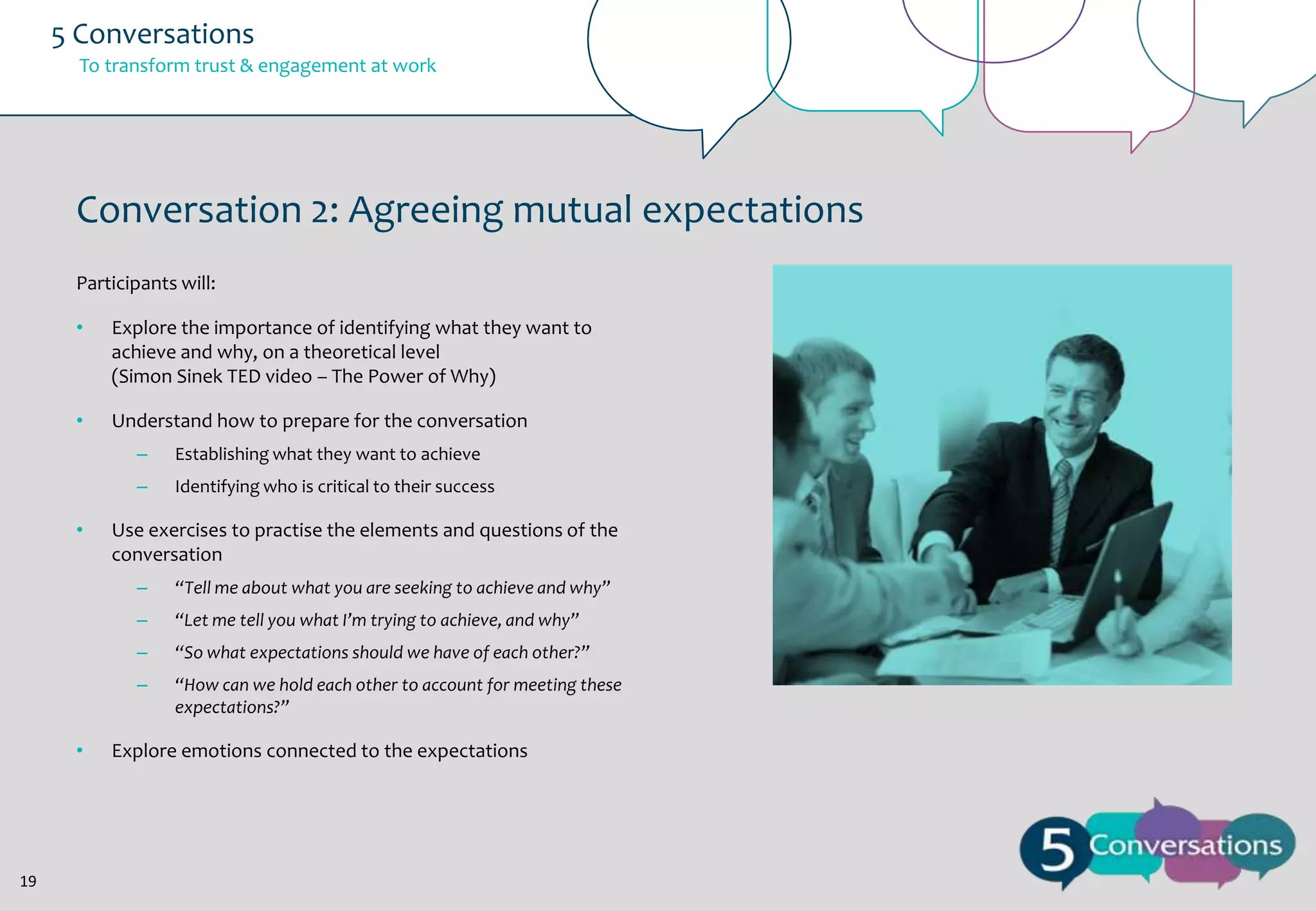 5 Conversations
To transform trust & engagement at work

Conversation 2: Agreeing mutual expectations
Participants will:
•

Explore the importance of identifying what they want to
achieve and why, on a theoretical level
(Simon Sinek TED video – The Power of Why)

•

Understand how to prepare for the conversation
–
–

•

Establishing what they want to achieve
Identifying who is critical to their success

Use exercises to practise the elements and questions of the
conversation
–
–

“So what expectations should we have of each other?”

–

19

“Let me tell you what I’m trying to achieve, and why”

–

•

“Tell me about what you are seeking to achieve and why”

“How can we hold each other to account for meeting these
expectations?”

Explore emotions connected to the expectations

 
