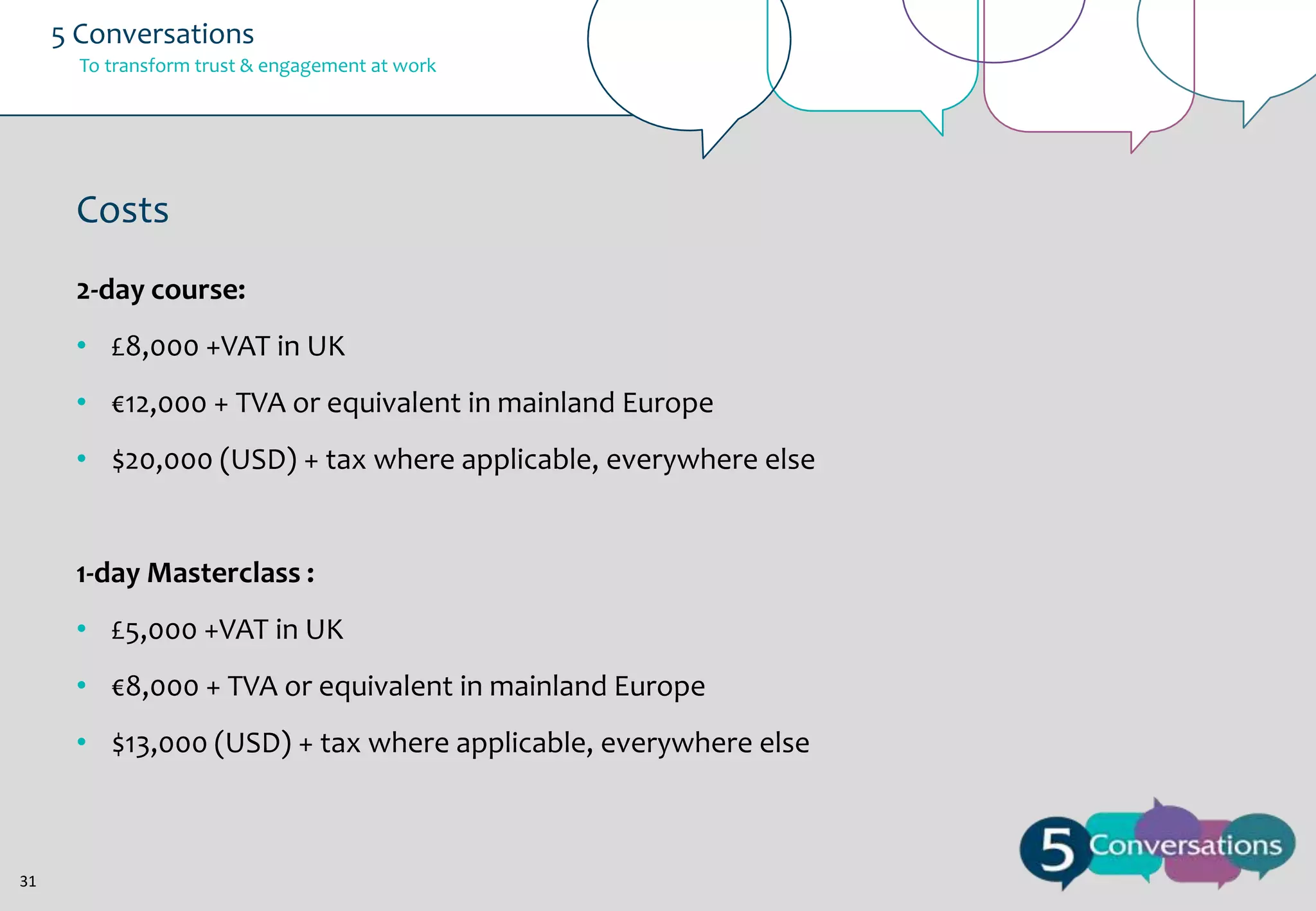 5 Conversations
To transform trust & engagement at work

Costs
2-day course:
• £8,000 +VAT in UK
• €12,000 + TVA or equivalent in mainland Europe
• $20,000 (USD) + tax where applicable, everywhere else

1-day Masterclass :
• £5,000 +VAT in UK
• €8,000 + TVA or equivalent in mainland Europe
• $13,000 (USD) + tax where applicable, everywhere else

31

 