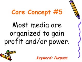 Core Concept #5 Most media are organized to gain profit and/or power. Keyword: Purpose 