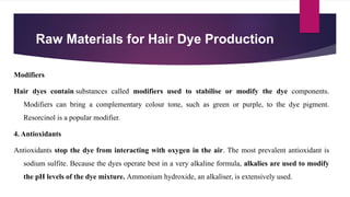 Raw Materials for Hair Dye Production
Modifiers
Hair dyes contain substances called modifiers used to stabilise or modify the dye components.
Modifiers can bring a complementary colour tone, such as green or purple, to the dye pigment.
Resorcinol is a popular modifier.
4. Antioxidants
Antioxidants stop the dye from interacting with oxygen in the air. The most prevalent antioxidant is
sodium sulfite. Because the dyes operate best in a very alkaline formula, alkalies are used to modify
the pH levels of the dye mixture. Ammonium hydroxide, an alkaliser, is extensively used.
 