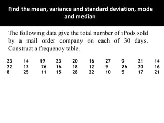 The following data give the total number of iPods sold
by a mail order company on each of 30 days.
Construct a frequency table.
Find the mean, variance and standard deviation, mode
and median.
23 14 19 23 20 16 27 9 21 14
22 13 26 16 18 12 9 26 20 16
8 25 11 15 28 22 10 5 17 21
 