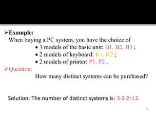 9
Example:
When buying a PC system, you have the choice of
 3 models of the basic unit: B1, B2, B3 ;
 2 models of keyboard: K1, K2 ;
 2 models of printer: P1, P2 .
Question:
How many distinct systems can be purchased?
Solution: The number of distinct systems is: 3∙2∙2=12
 