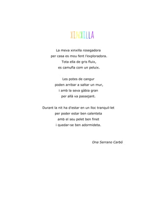 xinxilla
La meva xinxilla rosegadora
per casa es mou fent l’exploradora.
Tota ella de gris fluix,
es camufla com un peluix.
Les potes de cangur
poden arribar a saltar un mur,
i amb la seva gàbia gran
per allà va passejant.
Durant la nit ha d'estar en un lloc tranquil·let
per poder estar ben calenteta
amb el seu pelet ben finet
i quedar-se ben adormideta.
Ona Serrano Carbó
 