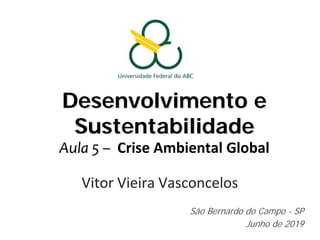 Desenvolvimento e
Sustentabilidade
Aula 5 – Crise Ambiental Global
Vitor Vieira Vasconcelos
São Bernardo do Campo - SP
Junho de 2019
 