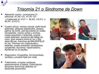 Trisomía 21 o Sindrome de Down
 Alteración cromo.: cromosoma 21
adicional :47,XX +21, 47,XY +21
o traslocado el 14;21 = 46,XX, (14;21) o
46,XY, t(14;21)
 Cuadro clínico: retraso mental, perfil facial
aplanado, pliegues palpebrales, pliegue
palmar de simio, piel abundante en cuello,
clinodactilia, manos cortas y anchas,
orejas pequeñas y redondas, puente
nasal aplanado, ausencia del reflejo de
moro, gran espacio entre el 1er y 2do
dedo del pie, manchas de BRUSHFIELD
en iris, Varones con criptorquidia y
estériles, puede presentar cardiopatías
congénitas, leucemia, hipotiroidismo,
Alzheimer en la adultez.
 Diagnostico: Ecografías, Amniocentesis,
cariotipo y prueba triple pre natal.
 Tratamiento: cirugías cardiacas,
asesoramiento a padres. Estimulación
temprana disminuye defectos en
desarrollo psicomotor.
 