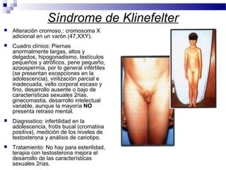 Síndrome de Klinefelter
 Alteración cromoso.: cromosoma X
adicional en un varón (47,XXY).
 Cuadro clínico: Piernas
anormalmente largas, altos y
delgados, hipogonadismo, testículos
pequeños y atróficos, pene pequeño,
azoospermia, por lo general infértiles
(se presentan excepciones en la
adolescencia), virilización parcial e
inadecuada, vello corporal escaso y
fino, desarrollo ausente o bajo de
características sexuales 2rias,
ginecomastia, desarrollo intelectual
variable, aunque la mayoría NO
presenta retraso mental.
 Diagnostico: infertilidad en la
adolescencia, frotis bucal (cromatina
positiva), medición de los niveles de
testosterona y análisis de cariotipo.
 Tratamiento: No hay para esterilidad,
terapia con testosterona mejora el
desarrollo de las características
sexuales 2rias.
 
