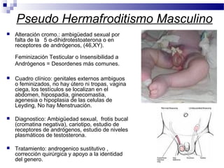 Pseudo Hermafroditismo Masculino
 Alteración cromo.: ambigüedad sexual por
falta de la 5 α-dihidrotestoaterona o en
receptores de andrógenos, (46,XY).
Feminización Testicular o Insensibilidad a
Andrógenos = Desordenes más comunes.
 Cuadro clínico: genitales externos ambiguos
o feminizados, no hay útero ni tropas, vagina
ciega, los testículos se localizan en el
abdomen, hipospadia, ginecomastia,
agenesia o hipoplasia de las celulas de
Leyding, No hay Menstruación.
 Diagnostico: Ambigüedad sexual, frotis bucal
(cromatina negativa), cariotipo, estudio de
receptores de andrógenos, estudio de niveles
plasmáticos de testosterona.
 Tratamiento: androgenico sustitutivo ,
corrección quirúrgica y apoyo a la identidad
del genero.
 