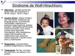 Síndrome de Wolf-Hirschhorn:
 Alteración : pérdida parcial del
brazo corto del cromosoma 4
46,XX, (4)(p-) 46,XY, (4)(p-)
 Cuadro clínico: retraso mental y
del crecimiento, problemas del
lenguaje graves, convulsiones,
microcefalia, hipertonía en
lactancia luego hipotonía, paladar
hendido, clinodactilia del 5to dedo,
frente prominente, nariz ancha,
puente nasal deprimido,
macroglosia, uñas hipoplásicas,
orejas mal formadas y de
implantación baja, estenosis
aórtica pulmonar. Varones micro-
pene y criptorquidia.
 Diagnostico: amniocentesis,
pruebas citogenéticas y cariotipo.
 Tratamiento: No hay, se tratan
los síntomas y se asesora a los
padres.
 