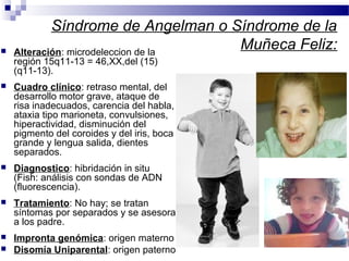 Síndrome de Angelman o Síndrome de la
Muñeca Feliz: Alteración: microdeleccion de la
región 15q11-13 = 46,XX,del (15)
(q11-13).
 Cuadro clínico: retraso mental, del
desarrollo motor grave, ataque de
risa inadecuados, carencia del habla,
ataxia tipo marioneta, convulsiones,
hiperactividad, disminución del
pigmento del coroides y del iris, boca
grande y lengua salida, dientes
separados.
 Diagnostico: hibridación in situ
(Fish: análisis con sondas de ADN
(fluorescencia).
 Tratamiento: No hay; se tratan
síntomas por separados y se asesora
a los padre.
 Impronta genómica: origen materno
 Disomía Uniparental: origen paterno
 