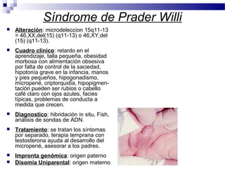 Síndrome de Prader Willi
 Alteración: microdeleccion 15q11-13
= 46,XX,del(15) (q11-13) o 46,XY,del
(15) (q11-13).
 Cuadro clínico: retardo en el
aprendizaje, talla pequeña, obesidad
morbosa con alimentación obsesiva
por falta de control de la saciedad,
hipotonía grave en la infancia, manos
y pies pequeños, hipogonadismo,
micropené, criptorquidia, hipopigmen-
tación pueden ser rubios o cabello
café claro con ojos azules, facies
típicas, problemas de conducta a
medida que crecen.
 Diagnostico: hibridación in situ, Fish,
análisis de sondas de ADN.
 Tratamiento: se tratan los síntomas
por separado, terapia temprana con
testosterona ayuda al desarrollo del
micropené, asesorar a los padres.
 Impronta genómica: origen paterno
 Disomía Uniparental: origen materno
 