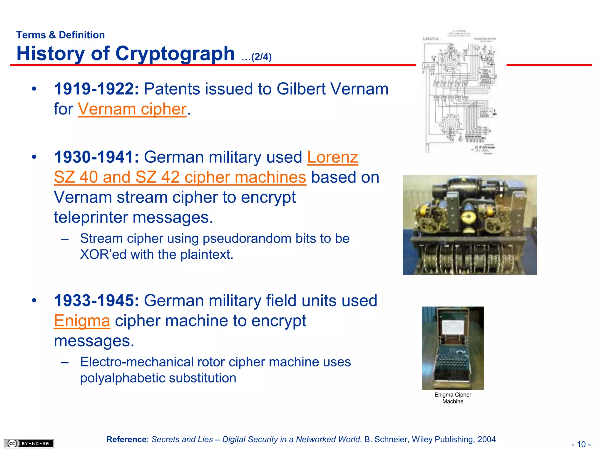 Terms & Definition

History of Cryptograph …(2/4)
   • 1919-1922: Patents issued to Gilbert Vernam
     for Vernam cipher.

   • 1930-1941: German military used Lorenz
     SZ 40 and SZ 42 cipher machines based on
     Vernam stream cipher to encrypt
     teleprinter messages.
         – Stream cipher using pseudorandom bits to be
           XOR’ed with the plaintext.


   • 1933-1945: German military field units used
     Enigma cipher machine to encrypt
     messages.
         – Electro-mechanical rotor cipher machine uses
           polyalphabetic substitution
                                                                                                            Enigma Cipher
                                                                                                               Machine




                     Reference: Secrets and Lies – Digital Security in a Networked World, B. Schneier, Wiley Publishing, 2004
                                                                                                                                - 10 -
 