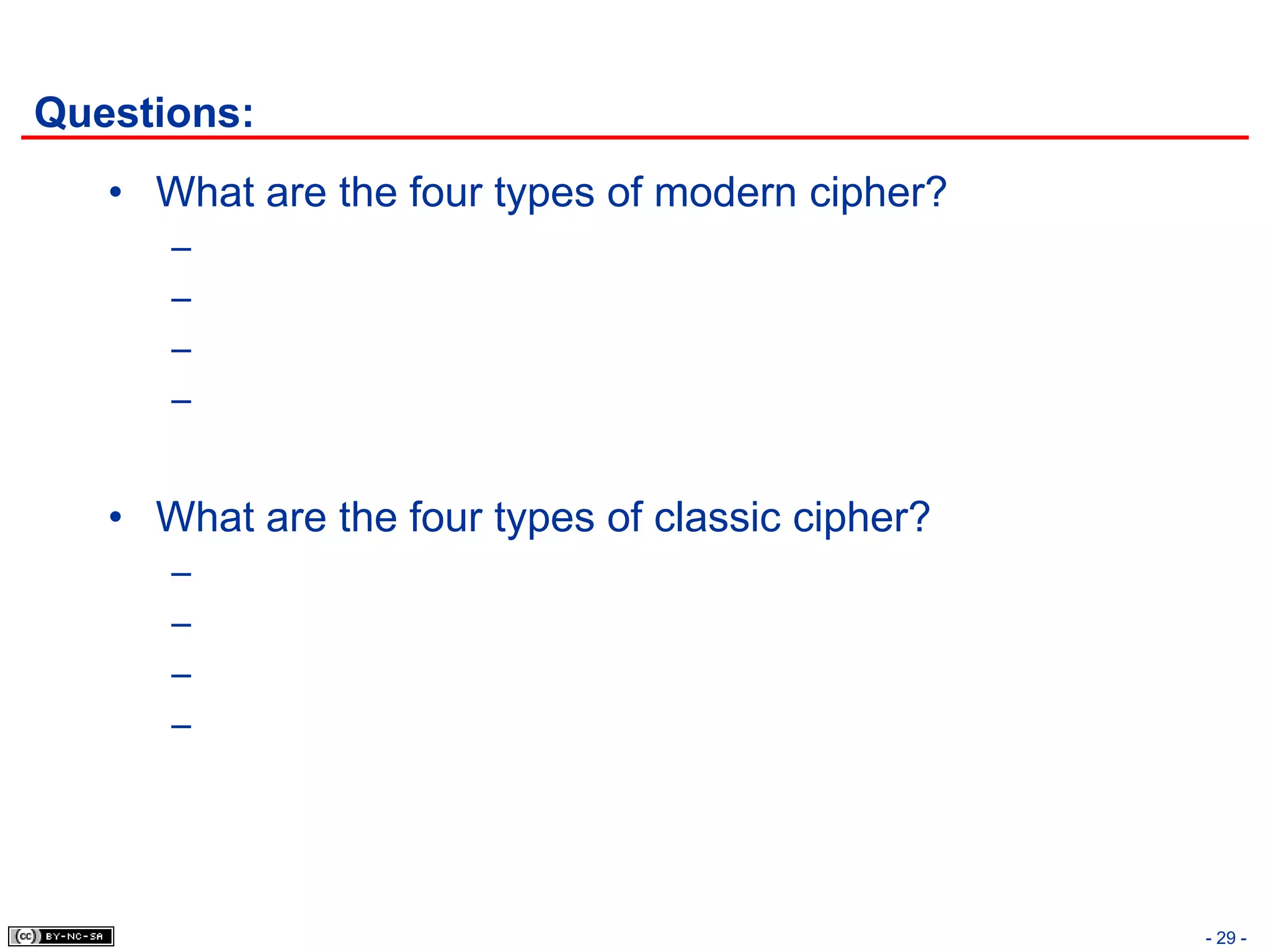 Questions:
   • What are the four types of modern cipher?
      –
      –
      –
      –


   • What are the four types of classic cipher?
      –
      –
      –
      –




                                                  - 29 -
 