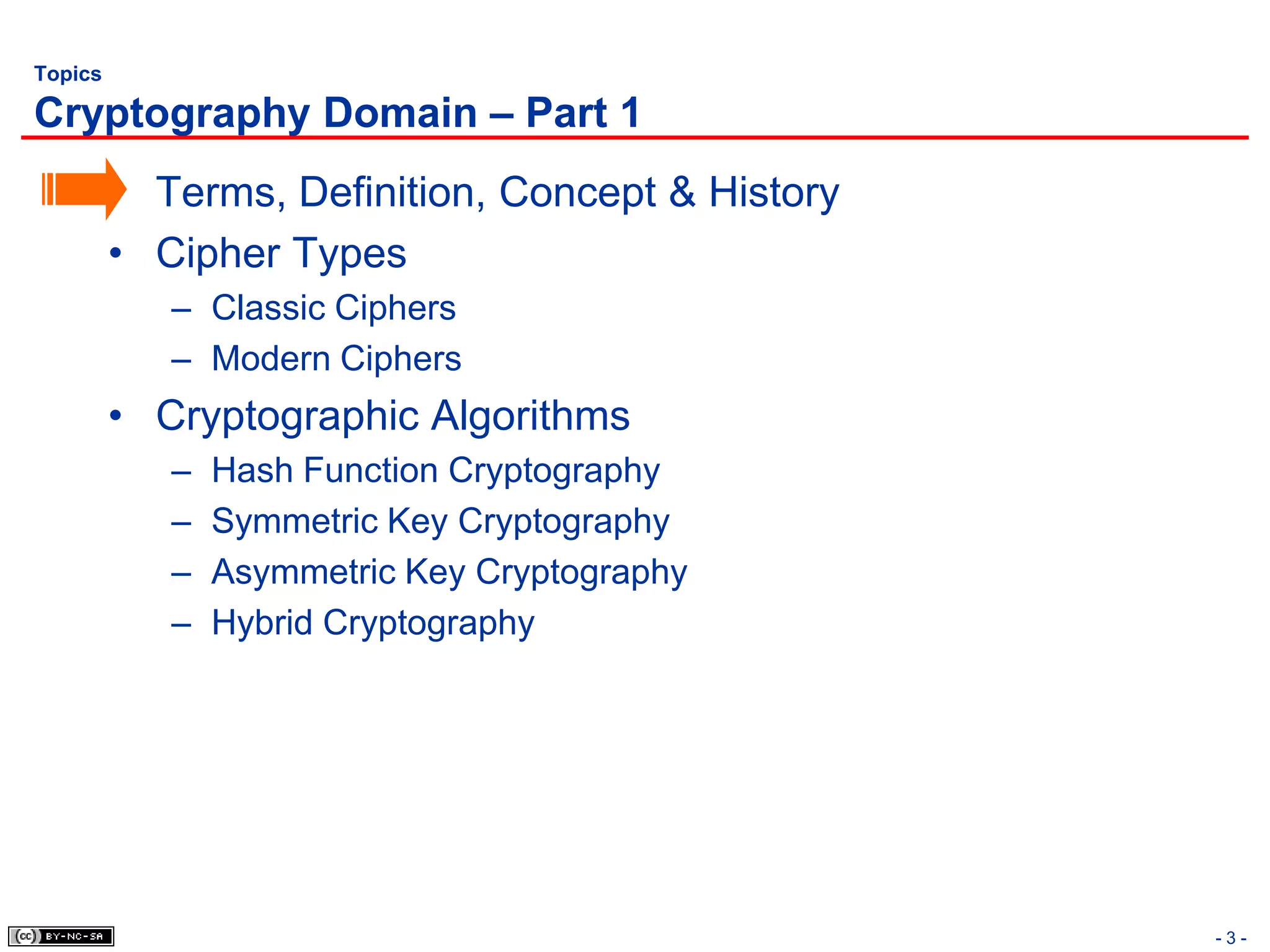 Topics

Cryptography Domain – Part 1
         • Terms, Definition, Concept & History
         • Cipher Types
            – Classic Ciphers
            – Modern Ciphers
         • Cryptographic Algorithms
            –   Hash Function Cryptography
            –   Symmetric Key Cryptography
            –   Asymmetric Key Cryptography
            –   Hybrid Cryptography




                                                  -3-
 