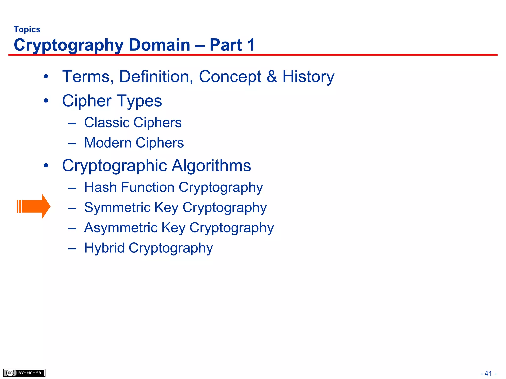 Topics

Cryptography Domain – Part 1
         • Terms, Definition, Concept & History
         • Cipher Types
            – Classic Ciphers
            – Modern Ciphers
         • Cryptographic Algorithms
            –   Hash Function Cryptography
            –   Symmetric Key Cryptography
            –   Asymmetric Key Cryptography
            –   Hybrid Cryptography




                                                  - 41 -
 