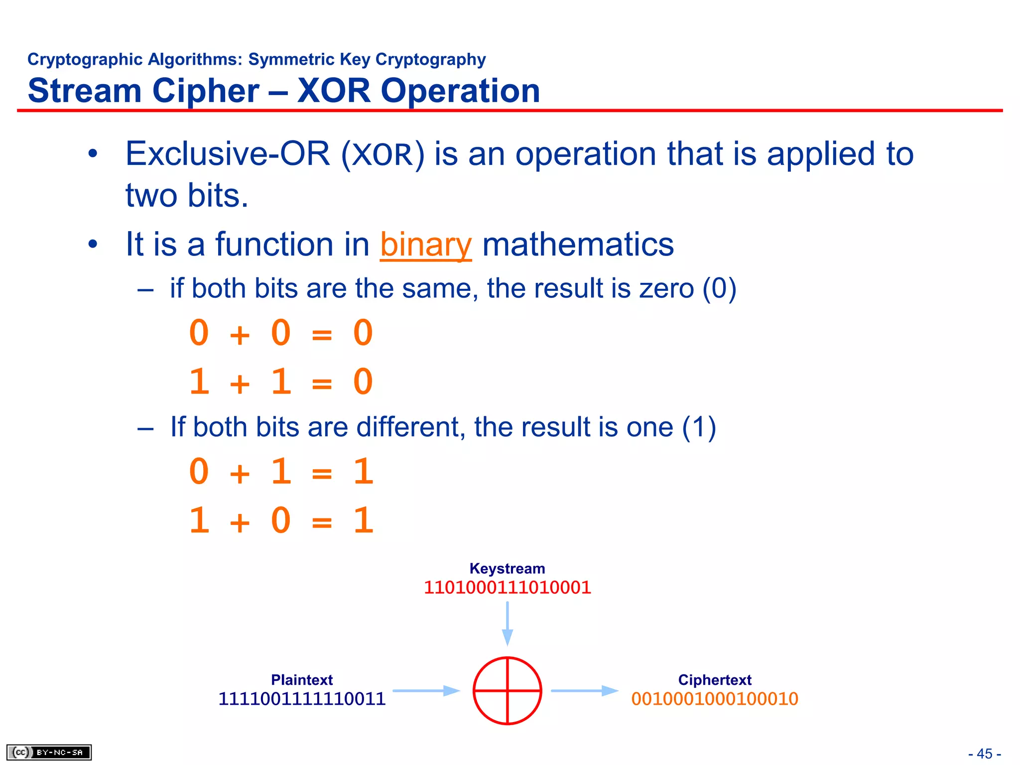 Cryptographic Algorithms: Symmetric Key Cryptography

Stream Cipher – XOR Operation
      • Exclusive-OR (XOR) is an operation that is applied to
        two bits.
      • It is a function in binary mathematics
            – if both bits are the same, the result is zero (0)
                  0 + 0 = 0
                  1 + 1 = 0
            – If both bits are different, the result is one (1)
                  0 + 1 = 1
                  1 + 0 = 1
                                                  Keystream
                                            1101000111010001




                           Plaintext                               Ciphertext
                     1111001111110011                          0010001000100010


                                                                                  - 45 -
 