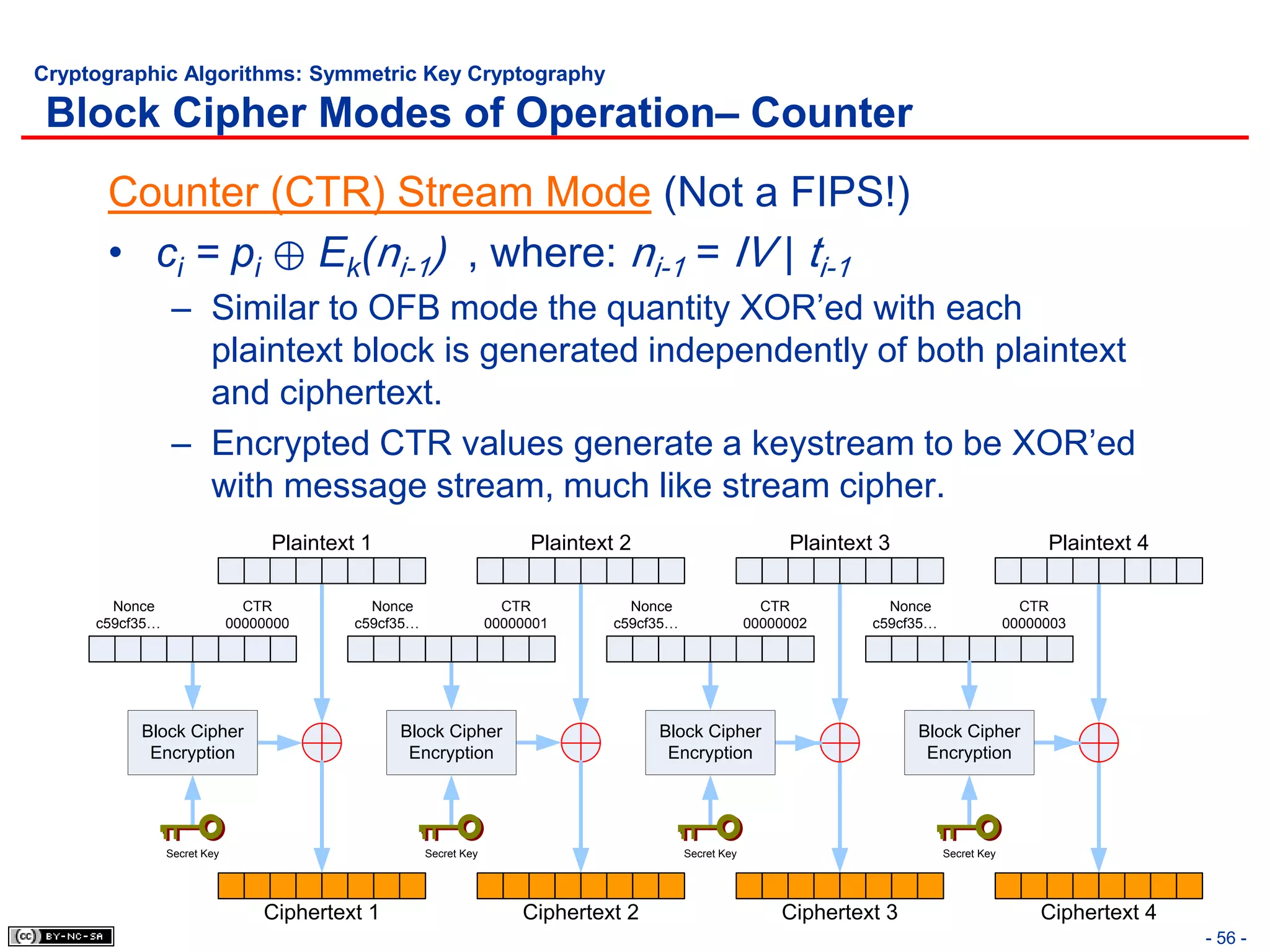 Cryptographic Algorithms: Symmetric Key Cryptography

 Block Cipher Modes of Operation– Counter
      Counter (CTR) Stream Mode (Not a FIPS!)
      • ci = pi ⊕ Ek(ni-1) , where: ni-1 = IV | ti-1
                – Similar to OFB mode the quantity XOR’ed with each
                  plaintext block is generated independently of both plaintext
                  and ciphertext.
                – Encrypted CTR values generate a keystream to be XOR’ed
                  with message stream, much like stream cipher.
                                  Plaintext 1                           Plaintext 2                           Plaintext 3                           Plaintext 4

       Nonce                   CTR           Nonce                   CTR           Nonce                   CTR           Nonce                   CTR
     c59cf35…                00000000      c59cf35…                00000001      c59cf35…                00000002      c59cf35…                00000003




          Block Cipher                          Block Cipher                          Block Cipher                          Block Cipher
           Encryption                            Encryption                            Encryption                            Encryption




                Secret Key                            Secret Key                            Secret Key                            Secret Key




                                 Ciphertext 1                          Ciphertext 2                          Ciphertext 3                          Ciphertext 4
                                                                                                                                                                  - 56 -
 