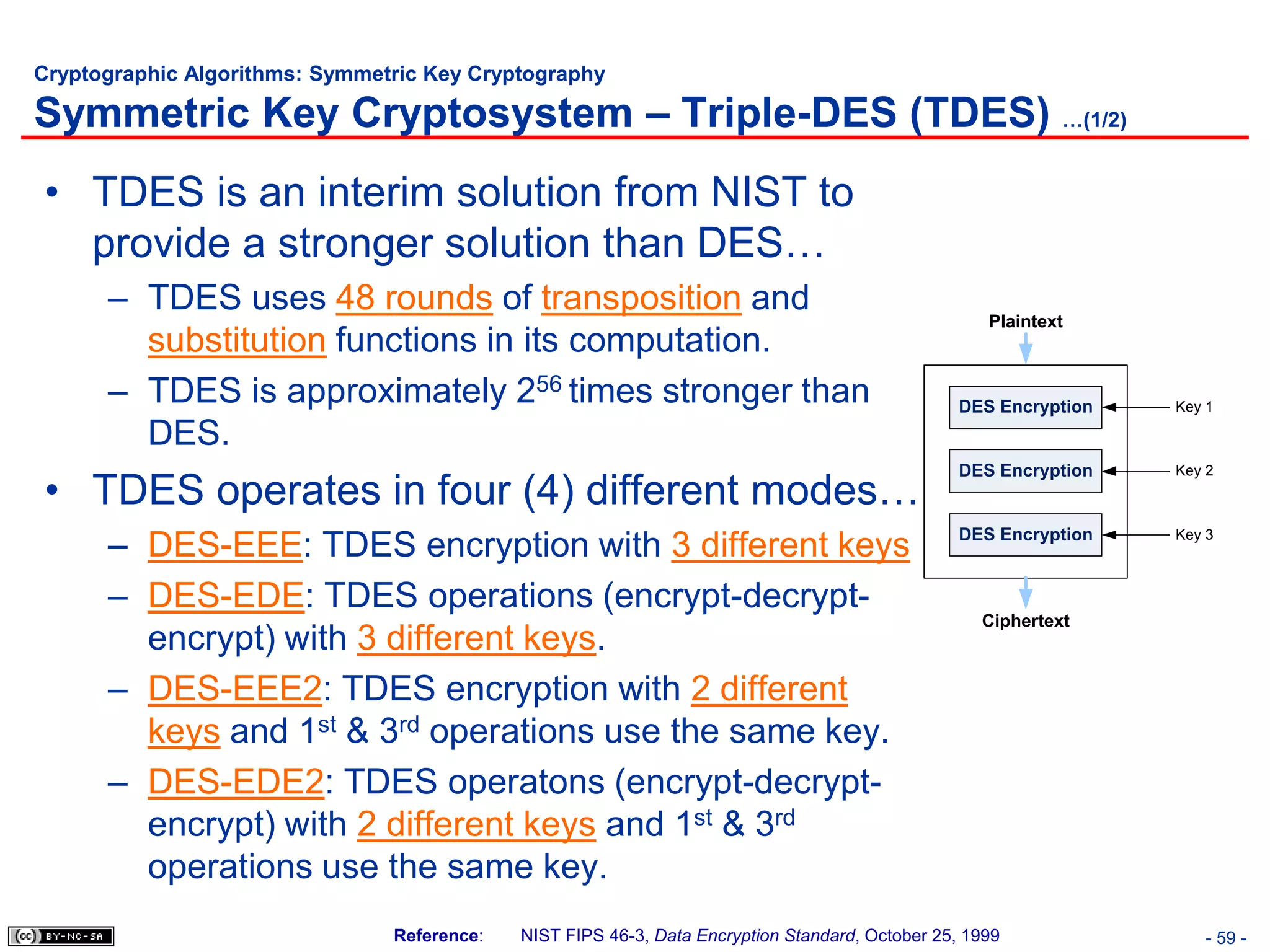 Cryptographic Algorithms: Symmetric Key Cryptography

Symmetric Key Cryptosystem – Triple-DES (TDES) …(1/2)
• TDES is an interim solution from NIST to
  provide a stronger solution than DES…
      – TDES uses 48 rounds of transposition and
                                                                                                     Plaintext
        substitution functions in its computation.
      – TDES is approximately 256 times stronger than                                             DES Encryption   Key 1

        DES.
                                                                                                  DES Encryption   Key 2
• TDES operates in four (4) different modes…
      – DES-EEE: TDES encryption with 3 different keys                                            DES Encryption   Key 3



      – DES-EDE: TDES operations (encrypt-decrypt-
                                                                                                    Ciphertext
        encrypt) with 3 different keys.
      – DES-EEE2: TDES encryption with 2 different
        keys and 1st & 3rd operations use the same key.
      – DES-EDE2: TDES operatons (encrypt-decrypt-
        encrypt) with 2 different keys and 1st & 3rd
        operations use the same key.
                                Reference:   NIST FIPS 46-3, Data Encryption Standard, October 25, 1999               - 59 -
 