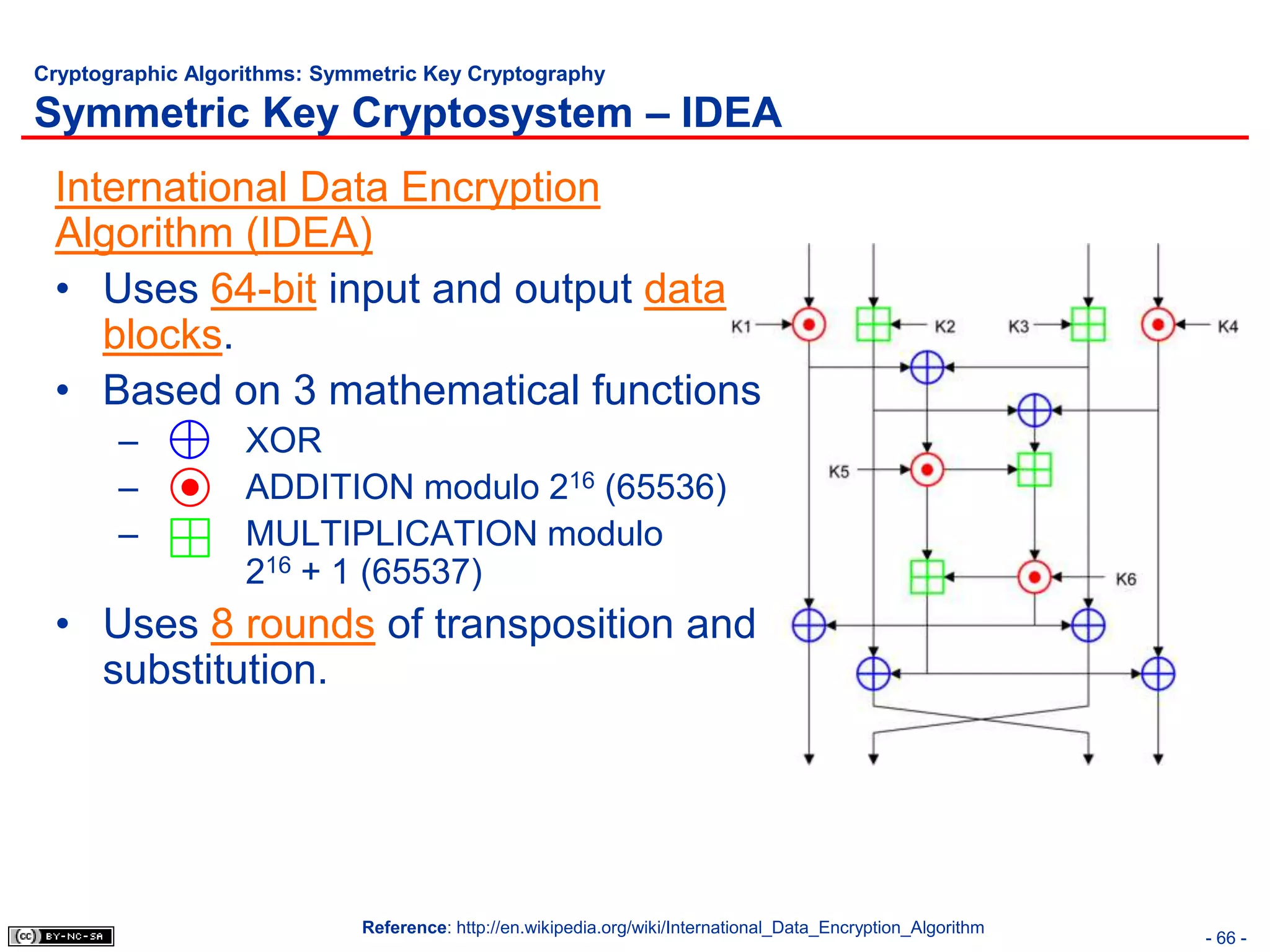 Cryptographic Algorithms: Symmetric Key Cryptography

Symmetric Key Cryptosystem – IDEA
 International Data Encryption
 Algorithm (IDEA)
 • Uses 64-bit input and output data
    blocks.
 • Based on 3 mathematical functions
       –           XOR
       –           ADDITION modulo 216 (65536)
       –           MULTIPLICATION modulo
                   216 + 1 (65537)
 • Uses 8 rounds of transposition and
   substitution.




                             Reference: http://en.wikipedia.org/wiki/International_Data_Encryption_Algorithm
                                                                                                               - 66 -
 
