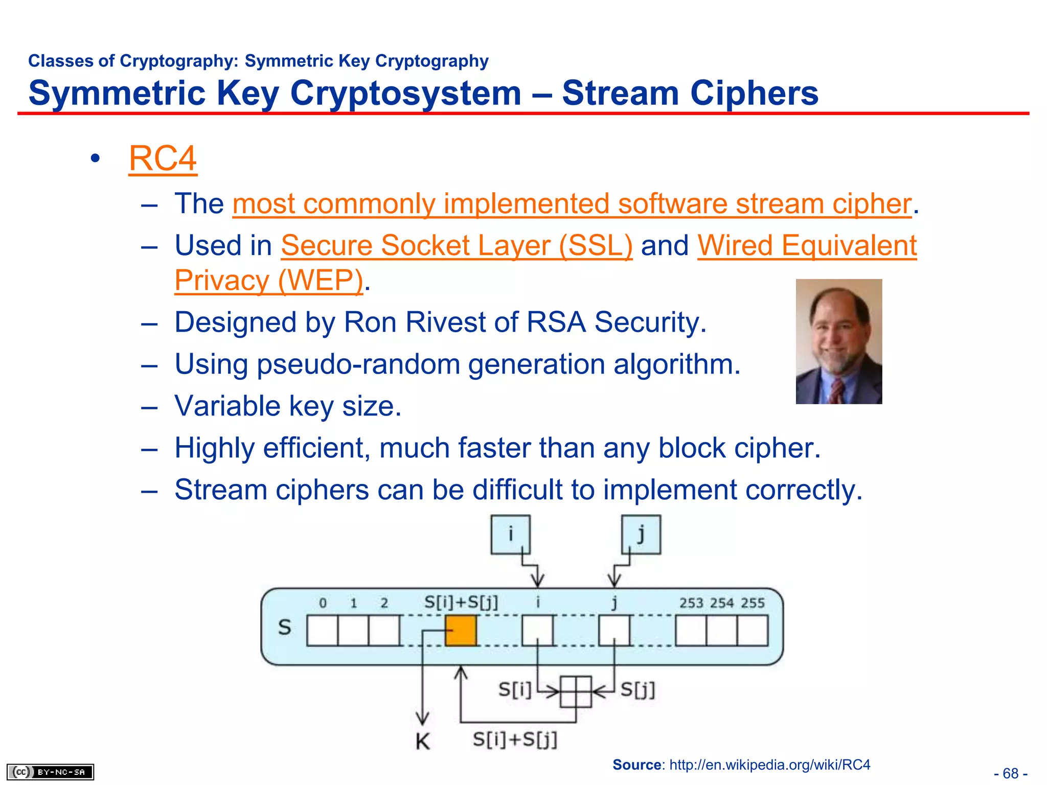 Classes of Cryptography: Symmetric Key Cryptography

Symmetric Key Cryptosystem – Stream Ciphers
      • RC4
            – The most commonly implemented software stream cipher.
            – Used in Secure Socket Layer (SSL) and Wired Equivalent
              Privacy (WEP).
            – Designed by Ron Rivest of RSA Security.
            – Using pseudo-random generation algorithm.
            – Variable key size.
            – Highly efficient, much faster than any block cipher.
            – Stream ciphers can be difficult to implement correctly.




                                                      Source: http://en.wikipedia.org/wiki/RC4
                                                                                                 - 68 -
 