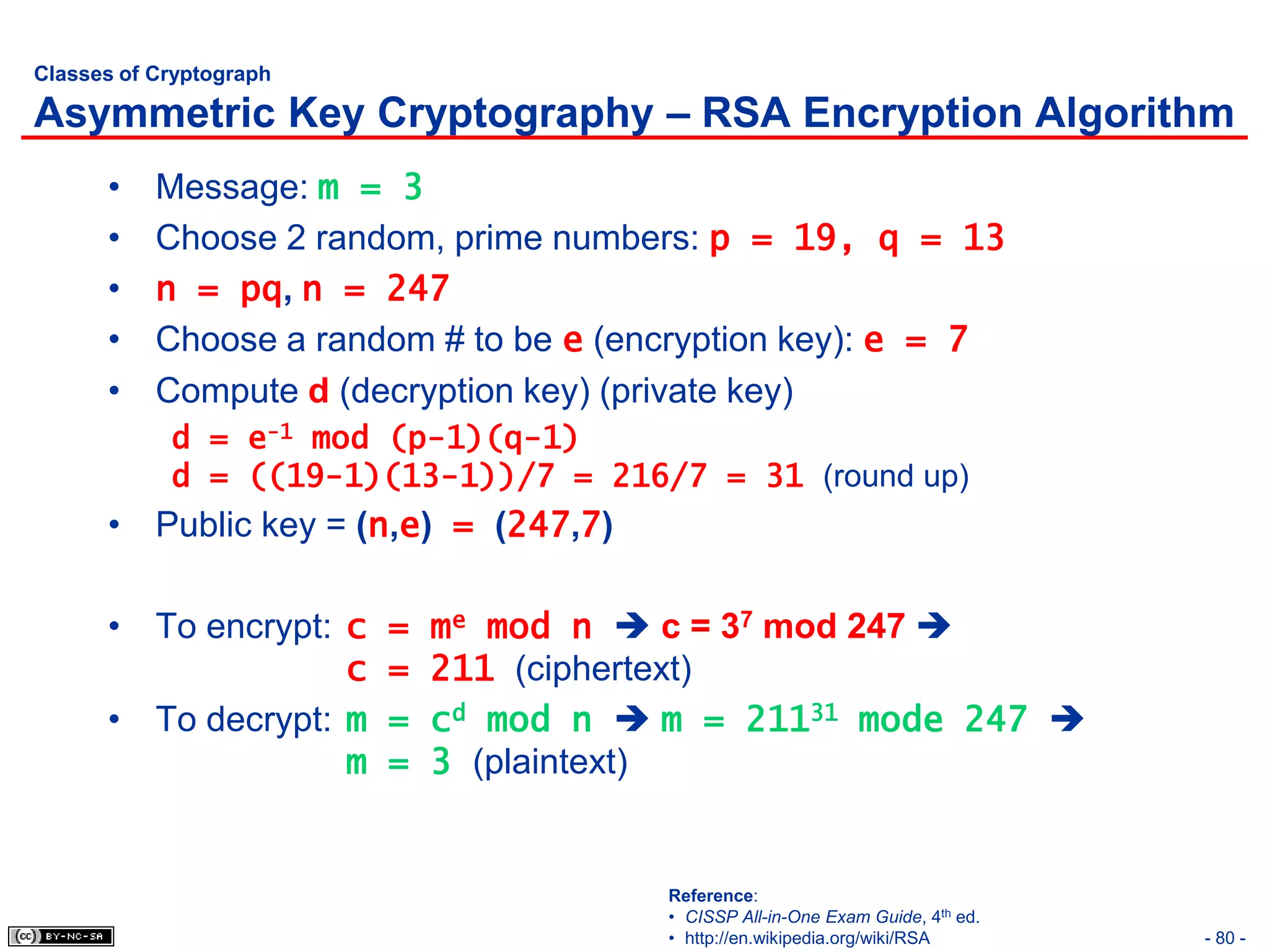 Classes of Cryptograph

Asymmetric Key Cryptography – RSA Encryption Algorithm
      •    Message: m = 3
      •    Choose 2 random, prime numbers: p = 19, q = 13
      •    n = pq, n = 247
      •    Choose a random # to be e (encryption key): e = 7
      •    Compute d (decryption key) (private key)
            d = e-1 mod (p-1)(q-1)
            d = ((19-1)(13-1))/7 = 216/7 = 31 (round up)
      • Public key = (n,e) = (247,7)

      • To encrypt: c    =   me mod n  c = 37 mod 247 
                    c    =   211 (ciphertext)
      • To decrypt: m    =   cd mod n  m = 21131 mode 247 
                    m    =   3 (plaintext)


                                        Reference:
                                        • CISSP All-in-One Exam Guide, 4th ed.
                                        • http://en.wikipedia.org/wiki/RSA       - 80 -
 