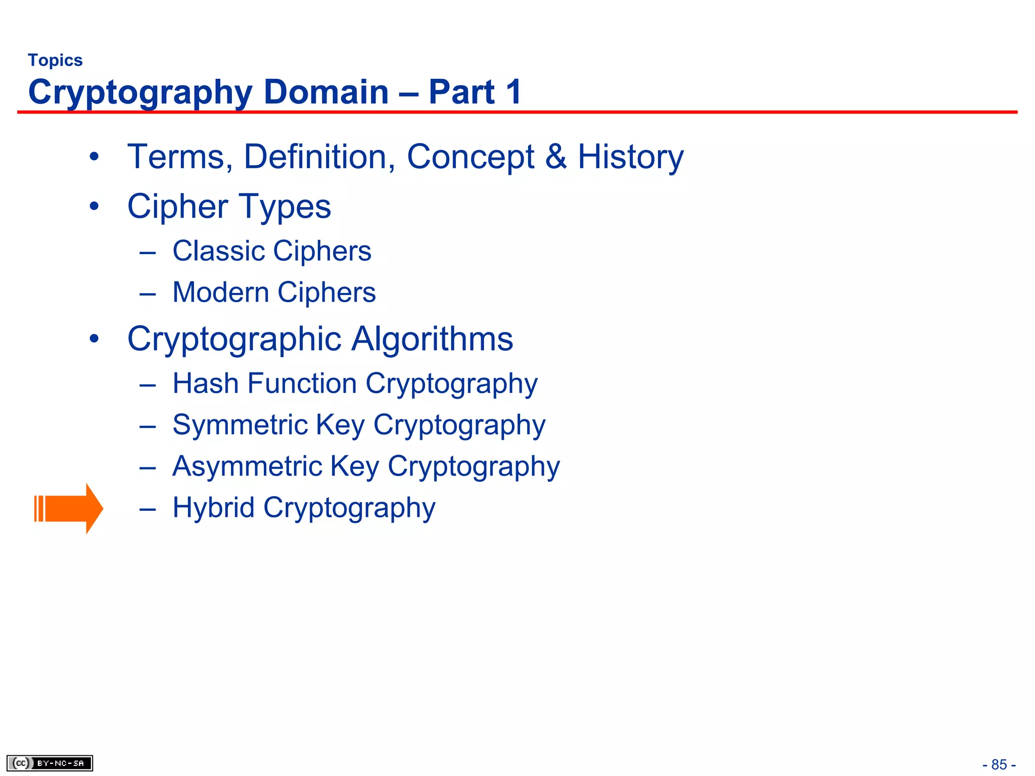 Topics

Cryptography Domain – Part 1
         • Terms, Definition, Concept & History
         • Cipher Types
            – Classic Ciphers
            – Modern Ciphers
         • Cryptographic Algorithms
            –   Hash Function Cryptography
            –   Symmetric Key Cryptography
            –   Asymmetric Key Cryptography
            –   Hybrid Cryptography




                                                  - 85 -
 