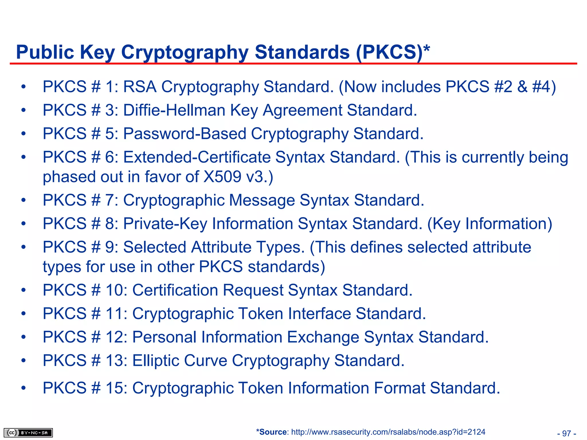 Public Key Cryptography Standards (PKCS)*
•   PKCS # 1: RSA Cryptography Standard. (Now includes PKCS #2 & #4)
•   PKCS # 3: Diffie-Hellman Key Agreement Standard.
•   PKCS # 5: Password-Based Cryptography Standard.
•   PKCS # 6: Extended-Certificate Syntax Standard. (This is currently being
    phased out in favor of X509 v3.)
•   PKCS # 7: Cryptographic Message Syntax Standard.
•   PKCS # 8: Private-Key Information Syntax Standard. (Key Information)
•   PKCS # 9: Selected Attribute Types. (This defines selected attribute
    types for use in other PKCS standards)
•   PKCS # 10: Certification Request Syntax Standard.
•   PKCS # 11: Cryptographic Token Interface Standard.
•   PKCS # 12: Personal Information Exchange Syntax Standard.
•   PKCS # 13: Elliptic Curve Cryptography Standard.
• PKCS # 15: Cryptographic Token Information Format Standard.

                                 *Source: http://www.rsasecurity.com/rsalabs/node.asp?id=2124   - 97 -
 