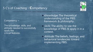 Knowledge: The theoretical
understanding of the PBIS
framework & philosophy.
Skills: The ability to use the
knowledge of PBIS & apply it in a
context.
Attitude: The beliefs, feelings, and
behavioral tendencies toward
implementing PBIS.
5 C’s of Coaching - Competency
Competency =
The knowledge, skills, and
attitude needed to successfully
apply the
critical features.
 