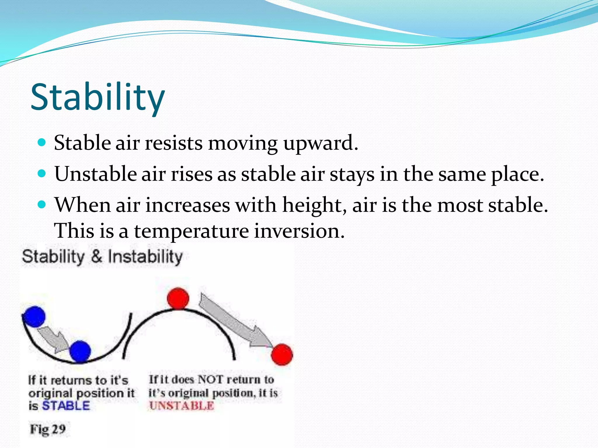 Stability
 Stable air resists moving upward.
 Unstable air rises as stable air stays in the same place.
 When air increases with height, air is the most stable.
  This is a temperature inversion.
 