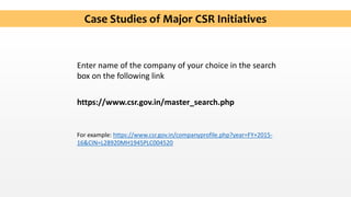Case Studies of Major CSR Initiatives
Enter name of the company of your choice in the search
box on the following link
https://www.csr.gov.in/master_search.php
For example: https://www.csr.gov.in/companyprofile.php?year=FY+2015-
16&CIN=L28920MH1945PLC004520
 