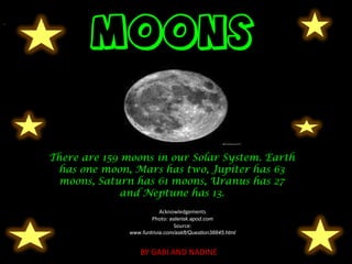 MOONS
.




    There are 159 moons in our Solar System. Earth
     has one moon, Mars has two, Jupiter has 63
      moons, Saturn has 61 moons, Uranus has 27
                  and Neptune has 13.
                             Acknowledgements
                           Photo: asterisk.apod.com
                                    Source:
                   www.funtrivia.com/askft/Question38845.html


                       BY GABI AND NADINE
 