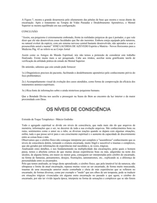 A Figura 7, mostra a grande desarmonia pelo afastamento das pétalas de base que mostra o recuo diante da 
encarnação. Após o tratamento na Terapia de Vidas Passadas e Desdobramento Apométrico, o Mental 
Superior se mostra equilibrado em sua configuração. 
CONCLUSÃO 
“Assim, seu psiquismo é extremamente embotado, frente às realidades psíquicas de que é portador, o que vale 
dizer que ele não desenvolveu essas faculdades que lhe são inerentes. Embora esteja equipado pela natureza, 
no natural evoluir da espécie, com um sistema nervoso central bastante desenvolvido, não aprendeu a usar o 
prosencéfalo astral e mental.” JOSÉ LACERDA DE AZEVEDO Espírito e Matéria - Novos Horizontes para a 
Medicina Pág. 43 ao referir-se ao Corpo Astral 
Assim como os Amigos do Mundo Espiritual, nós não temos a pretensão de considerar este trabalho 
finalizado. Existe muito mais a ser pesquisado. Cabe aos irmãos, auxiliar nesta gratificante tarefa de 
verificação da utilidade prática do estudo do Mental Superior. 
De antemão, sabemos que este estudo pode fornecer: 
1o.) Diagnósticos precisos do paciente, facilitando o desdobramento apométrico pelo conhecimento prévio do 
foco problemático. 
2o.) Acompanhamento visual da evolução dos casos atendidos, como forma de comprovação da eficácia dos 
tratamentos anímico-espirituais. 
3o.) Rica fonte de informações sobre o ainda misterioso psiquismo humano. 
Que a Bondade Divina nos auxilie a prosseguir na Seara do Bem ao encontro da luz interior e da maior 
proximidade com Deus. 
OS NÍVEIS DE CONSCIÊNCIA 
Extraído de Toque Terapêutico - Márcio Godinho 
Todo o agregado espiritual se divide em níveis de consciência, que nada mais são do que arquivos de 
memória, informações que o ser, no decorrer de toda a sua evolução arquivou. São conhecimentos bons ou 
ruins, sentimentos como o amor ou o ódio, as diversas reações quando se depara com algumas situações, 
enfim, tudo o que possa servir para o seu crescimento espiritual e o aumento da capacidade de discernimento 
entre as coisas boas e más. 
Observamos que o cérebro físico não consegue interpretar por completo o "assombroso" conhecimento que os 
níveis de consciência detém, tornando a criatura encarnada, muito frágil e suscetível a traumas e complexos, 
que são gerados por informações de experiências mal sucedidas e, às vezes, trágicas. 
Analisando estes detalhes, e nos fundamentando na multiplicidade das encarnações, pelas quais o homem 
passa, temos a absoluta certeza de que muitas dessas experiências boas ou más, adquiridas na noite dos 
séculos, de alguma forma, em maior ou menor grau, conseguem ser interpretadas pelo cérebro do encarnado, 
na forma de fantasias, pensamentos, desejos, frustrações, automatismos, etc., explicando aí, a diferença de 
personalidade entre os encarnados. 
Pelo que temos analisado, ao longo deste aprendizado, o cérebro físico, que pela imutável lei da natureza, não 
ultrapassa o limite da atual encarnação, repassa muitas vezes ao ser encarnado, de forma muito mascarada, 
traumas de uma encarnação anterior muito conturbada e cheia de más experiências que se refletem no 
encarnado, de formas diversas, como por exemplo o "medo" que aos olhos de um terapeuta, pode se traduzir 
em situações trágicas vivenciadas em alguma outra encarnação no passado e que agora, o cérebro do 
encarnado, por não ter vivido àquela época, interpreta na forma de sensações e complexos que se não forem 
 