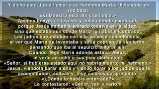 Y dicho esto, fue a llamar a su hermana María, diciéndole enY dicho esto, fue a llamar a su hermana María, diciéndole en
voz baja:voz baja:
«El Maestro está ahí y te llama.»«El Maestro está ahí y te llama.»
Apenas lo oyó, se levantó y salió adonde estaba él;Apenas lo oyó, se levantó y salió adonde estaba él;
porque Jesús no había entrado todavía en la aldea,porque Jesús no había entrado todavía en la aldea,
sino que estaba aún donde Marta lo había encontrado.sino que estaba aún donde Marta lo había encontrado.
Los judíos que estaban con ella en casa consolándola,Los judíos que estaban con ella en casa consolándola,
al ver que María se levantaba y salía deprisa, la siguieron,al ver que María se levantaba y salía deprisa, la siguieron,
pensando que iba al sepulcro a llorar allí.pensando que iba al sepulcro a llorar allí.
Cuando llegó María adonde estaba Jesús,Cuando llegó María adonde estaba Jesús,
al verlo se echó a sus pies diciéndole:al verlo se echó a sus pies diciéndole:
«Señor, si hubieras estado aquí no habría muerto mi hermano.»«Señor, si hubieras estado aquí no habría muerto mi hermano.»
Jesús, viéndola llorar a ella y viendo llorar a los judíos que laJesús, viéndola llorar a ella y viendo llorar a los judíos que la
acompañaban, sollozó y, muy conmovido, preguntó:acompañaban, sollozó y, muy conmovido, preguntó:
«¿Dónde lo habéis enterrado?»«¿Dónde lo habéis enterrado?»
Le contestaron: «Señor, ven a verlo.»Le contestaron: «Señor, ven a verlo.»
 