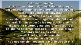 Dicho esto, añadió:Dicho esto, añadió:
«Lázaro, nuestro amigo, está dormido; voy a«Lázaro, nuestro amigo, está dormido; voy a
despertarlo.» Entonces le dijeron sus discípulos:despertarlo.» Entonces le dijeron sus discípulos:
«Señor, si duerme, se salvará.»«Señor, si duerme, se salvará.»
Jesús se refería a su muerte;Jesús se refería a su muerte;
en cambio, ellos creyeron que hablaba del sueñoen cambio, ellos creyeron que hablaba del sueño
natural. Entonces Jesús les replicó claramente:natural. Entonces Jesús les replicó claramente:
«Lázaro ha muerto, y me alegro por vosotros«Lázaro ha muerto, y me alegro por vosotros
de que no hayamos estado allí, para que creáis.de que no hayamos estado allí, para que creáis.
Y ahora vamos a su casa.»Y ahora vamos a su casa.»
Entonces Tomás, apodado el Mellizo,Entonces Tomás, apodado el Mellizo,
dijo a los demás discípulos:dijo a los demás discípulos:
«Vamos también nosotros y muramos con él.»«Vamos también nosotros y muramos con él.»
 