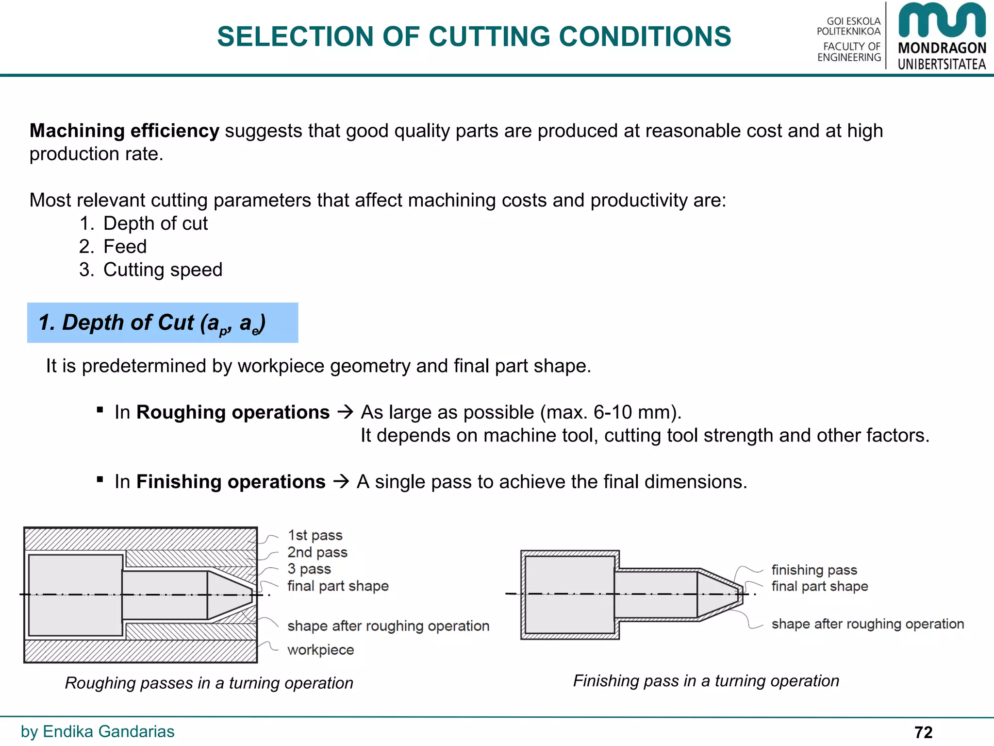 72
Machining efficiency suggests that good quality parts are produced at reasonable cost and at high
production rate.
Most relevant cutting parameters that affect machining costs and productivity are:
1. Depth of cut
2. Feed
3. Cutting speed
SELECTION OF CUTTING CONDITIONS
It is predetermined by workpiece geometry and final part shape.
 In Roughing operations  As large as possible (max. 6-10 mm).
It depends on machine tool, cutting tool strength and other factors.
 In Finishing operations  A single pass to achieve the final dimensions.
Finishing pass in a turning operationRoughing passes in a turning operation
1. Depth of Cut (ap, ae)
by Endika Gandarias
 